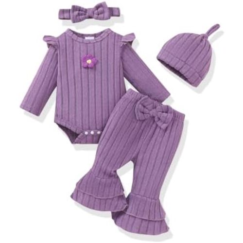 Renotemy Preemie Newborn Baby Girl Clothes Ruffle Bodysuit Long Sleeve Romper Bell Bottom Pants Fall Winter Outfit Set