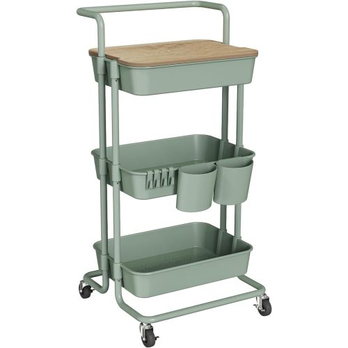 DTK 3 Tier Rolling Utility Cart with Cover Top Board, Movable Kitchen Storage Cart Trolley with Lockable Wheels, Cups, Hooks for Kitchen Bathroom Home Office Art Craft Storage(Turquoise/Green)