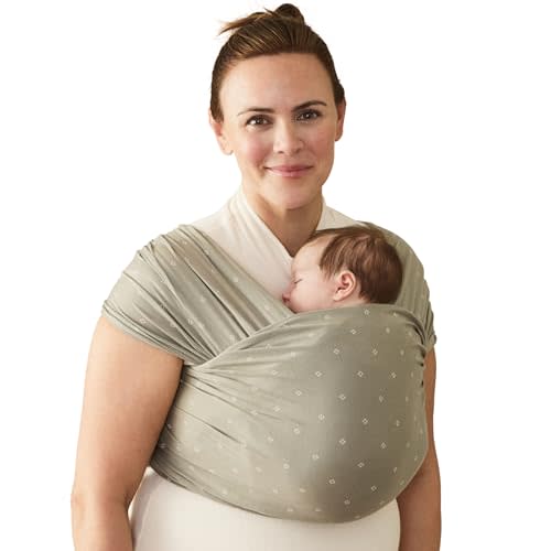 Ergobaby Aura Baby Wrap Carrier for Newborn 0-12 Months (8-25 lbs) - Soft Stretchy Infant Wrap Carrier with Hip-Healthy Positioning, Pre-Tied Design - Olive Diamond