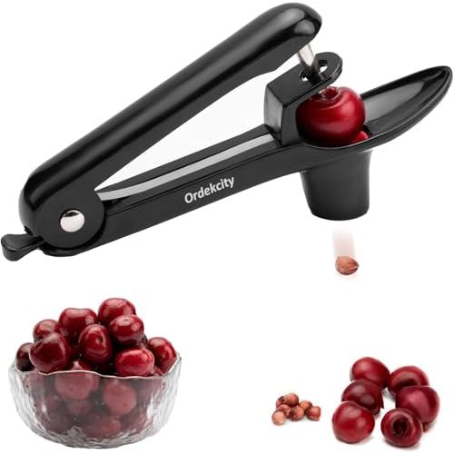 Cherry Pitter - Ordekcity Stainless Steel Cherries Corer Pitter Tool with Hand-held Push Design, Save Time & Space for Making Cherry Jam with Lock Design(Black)