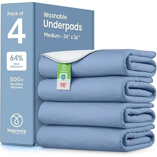 IMPROVIA® Washable Underpads, Heavy Absorbency Reusable Incontinence Pads for Kids, Adults, Elderly, and Pets, Waterproof Protection Floor (Blue, 34"x36" (Pack of 4))