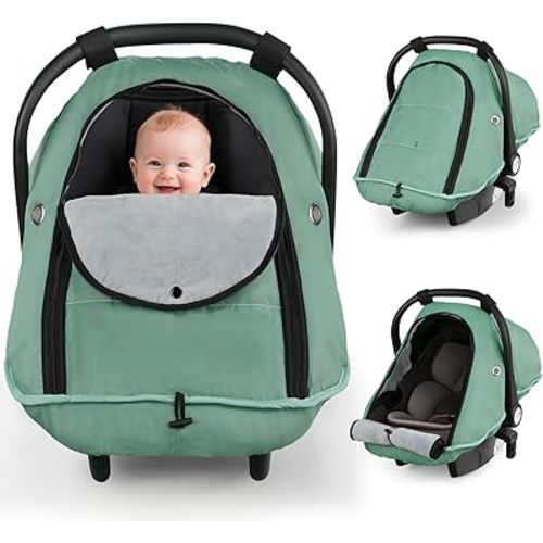 Metplus Winter Car Seat Cover Baby,Waterproof Carseat Covers Baby Boy Girl,Breathable Infant Car Seat Cover Canopy,Windproof and Warm Stroller/Carrier Covers for Winter Newborn Essentials,Green