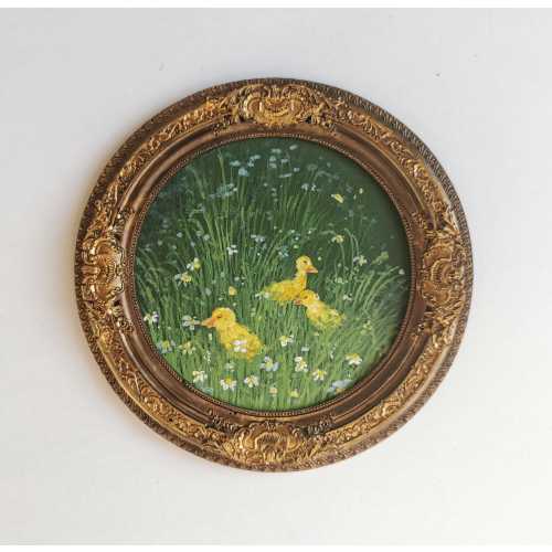 Duckling wall art round framed painting spring meadow decor nursery farm animal artwork handmade