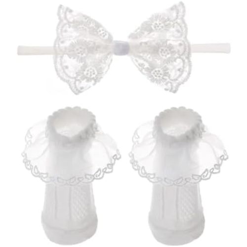 Baby Lace Bow Headband and Sock Set, Toddler Infant Cotton Socks Baptism Headband White Christening Headbands TSFD57