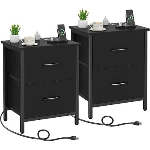 Nightstand Set of 2 with Charging Station, End Table Bedside Table with Power Outlet & USB Ports, Side Table with 2 Fabric Drawers for Bedroom, Living Room, Black