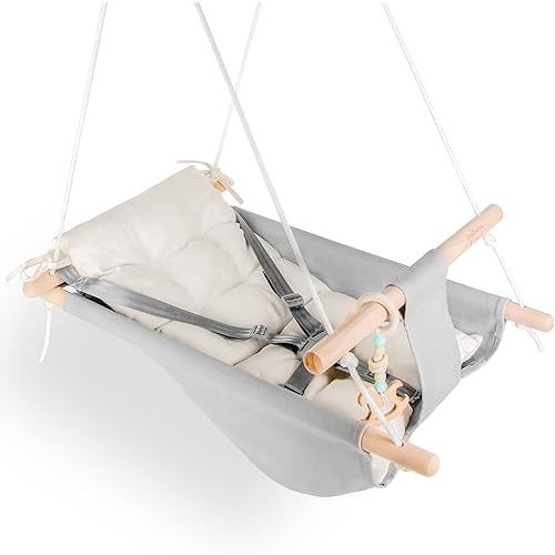 Outdoor Baby Swing, Canvas Hammock Swing for Baby to Toddler with a Comfortable Seat, Macaroon Wooden Toy, Adjustable 5-Point Harness,3 Modes,Gift for Baby Boys Girls, Grey&White