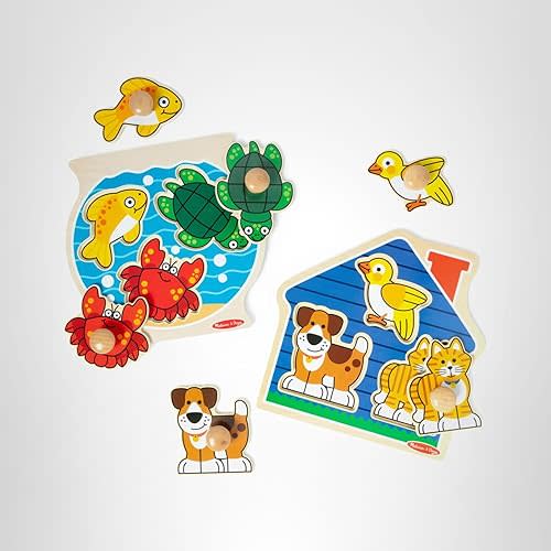 Melissa & Doug Wooden Jumbo Peg Puzzle 2-Pack – Fish Bowl, House Pets, 3-Piece for Toddlers Boys and Girls, Ages 1+ Years