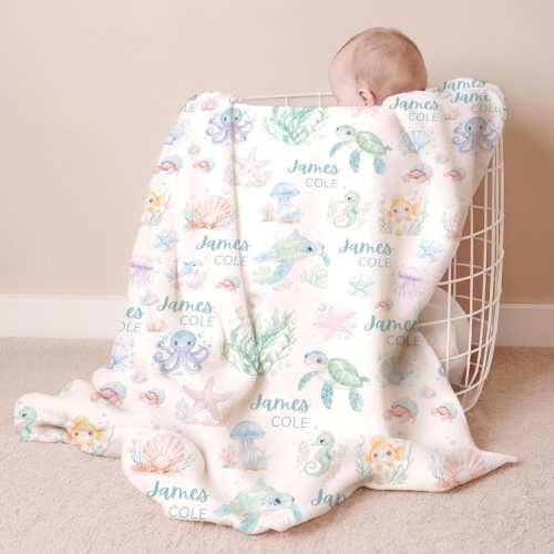 Under the sea Blanket gift for baby Ocean Theme Nursery decor neutral Ocean blanket Personalized baby crib bedding set Sea Turtle blanket