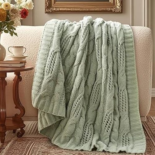 Amélie Home Chunky Knit Throw Blanket, Dual-Sided Soft Chenille Breathable Cable Knitted Blanket for Couch, Farmhouse Decorative Throw for Sofa & Chair, 50"x60", Sage Green