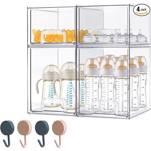 Baby Bottle Organizer-4 Pack Stackable Storage Drawers, Baby Organizers and Storage with Hooks, Clear Acrylic Multipurpose Bottle Storage for Countertop,Kitchen,Cabinet,Vanity,Bathroom
