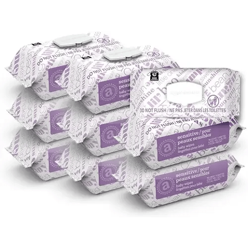 Amazon Elements Baby Wipes, Sensitive, Unscented, Cleans Gently, 810 Count, Flip-Top Packs, Pack of 9