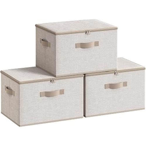 SONGMICS Large Storage Bins with Lids, 31 Quart Fabric Closet Organizer With Zipper, 3 Pack Foldable Storage Boxes, 15.7 x 11.8 x 9.8 Inches, Summer Sand URZB003K01