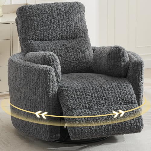 Power Swivel Glider Rocking Recliner Nursery Chair with 2 Pillows, Electric Rocker Reclining Chairs with Type-C & USB Charger Port for Living Room, High Back Barrel Armchair for Bedroom, Grey