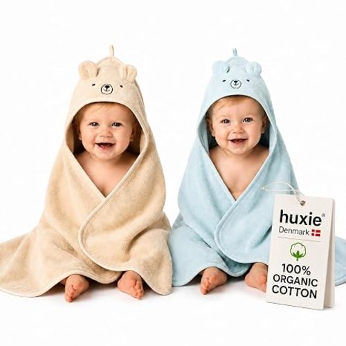 Hooded Baby Towels – 100% Organic Cotton Baby Bath Towels (2-Pack Bear Fog and Bear Baby Blue)