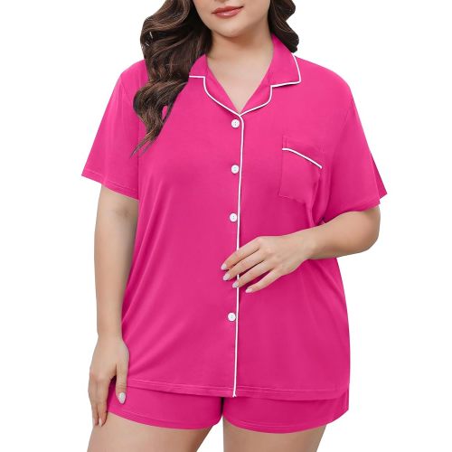 SWOMOG Women's Plus Size Pajamas Set Button Down Tops Short Sleeve Sleepwear Soft Pajama Shorts 2 Pcs Lounge Sets With Pocket