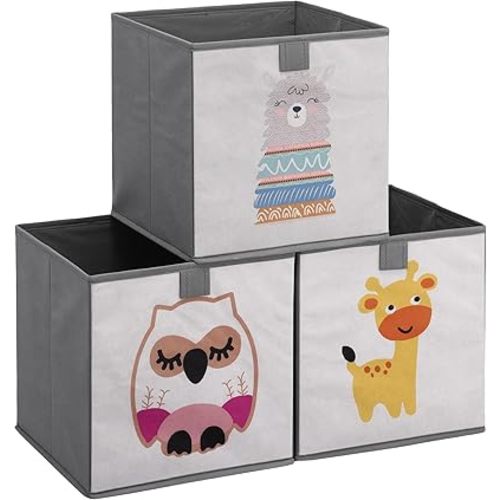 Navaris Kids Storage Cubes Set of 3 - Kids Cube Fabric Organizer Storage Bins - Foldable Cloth Cube for Childrens Bedroom Baby Nursery - Book Toy Bin Cubby Storage - Grey