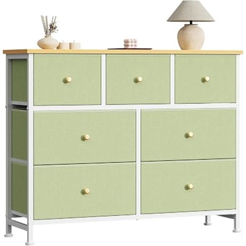 Sweetcrispy 7 Drawer Dresser for Bedroom Storage with Fabric Bins, Green