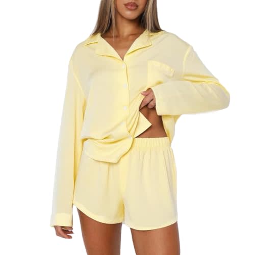 Women 2 Piece Pajamas Set Button up Long Sleeve Shirt and Shorts Lounge Set | Lady collared shirt, elastic waist trousers, loose cut pajamas, cute tree and stripe pattern, idea for christmas party
