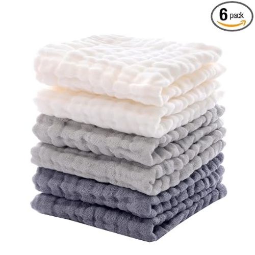MUKIN Baby Washcloths - Soft Face Cloths for Newborn, Absorbent Bath Face Towels, Baby Wipes, Burp Cloths or Face Towels, Baby Registry as Shower. Pack of 6-12x12 inches (Grey)