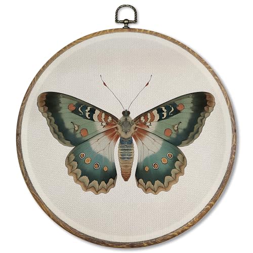 FUGWN Boho Moody Butterfly Round Wall Art Decor Framed, Cottagecore Sage Green Butterfly Canvas Artwork Prints, Retro Moth Aesthetic Wall Hanging Decorations for Home Bedroom Living Room, 10x10 Inch