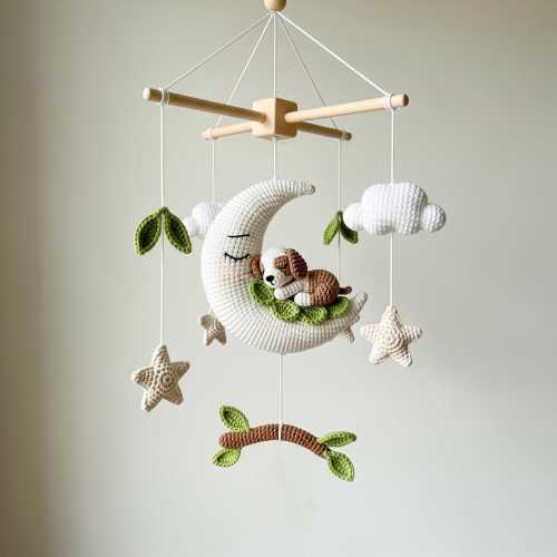 Custom Dog Baby Mobile, Crochet Baby Mobile, Custom Puppy On The Moon Nursery Decor, Crib Mobile, Nursery Mobile, Baby Shower Gift