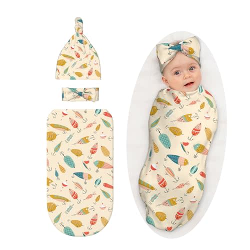 Fishing Baby Stuff Swaddle Blanket with Headband and Beanie Set, Soft Fisher Newborn Sleep Sacks Outfit Infant Shower Gift for Boys Girls