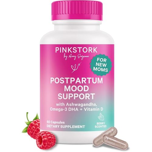 Pink Stork Postpartum Mood Support – Postnatal Hormone Balance for Women – Stress & Cognitive Support with Ashwagandha, Chamomile & Vitamin D, 60 Capsules