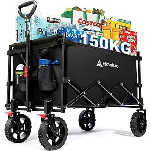 Hikenture Wagon Cart Foldable, 150kgs Large Capacity Folding Wagon, Heavy Duty Utility Grocery Cart with Wheels, 1-Second Setup Collapsible Wagon for Shopping, Garden, Beach, Sports