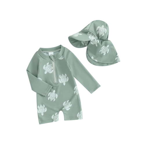 Loicainy Toddler Baby Kids Boys Rash Guard Swimsuit Rompers 3 6 12 24 Months 2T 3T 4T 5T Long Sleeve Turtle/Dinosaur Print Baby Bathing Suit Swimwear with Swim Cap
