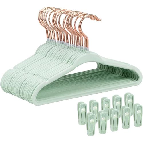 Tonswachic Baby Velvet Hangers 30 Pack - 11 Inch Premium Non Slip Kids Felt Hanger for Infant Clothes - Ultra Thin Baby Felt Hangers for Toddler Children's Closet with 10 Hanger Clips - Green