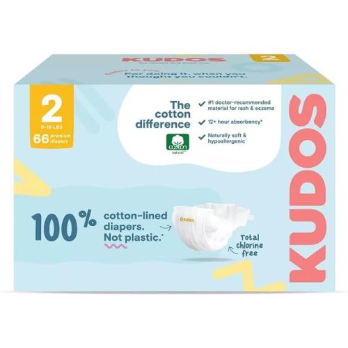 Kudos Chlorine Free Premium Diapers - 100% Cotton-Lined - Size 2, 66 Count, 9-16 lbs