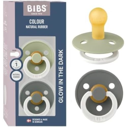 BIBS Colour Glow Pacifier, 0-6 Months, 2-Pack, Round Nipple, Sage/Pine