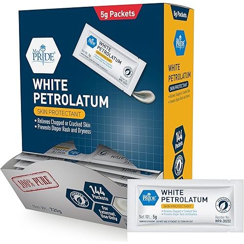 MED PRIDE 100% Pure White Petroleum Jelly Packets [144 Individual, 5g Travel-Size Packets] Skin Protectant Ointment For Diaper Rush, Chaffed, Dry, Cracked Skin- Barrier Repair Moisturizing Cream