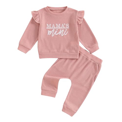 Aiwpstoin Newborn Baby Girl Fall Winter Waffle Outfit Clothes Ruffle Long Sleeve Mama Mini Sweatshirt Pants Sweatsuits
