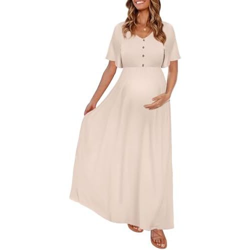 Peauty Fall Maternity Dresses for Women Maternity Photoshoot Dress with Decorative Button Baby Shower Dress