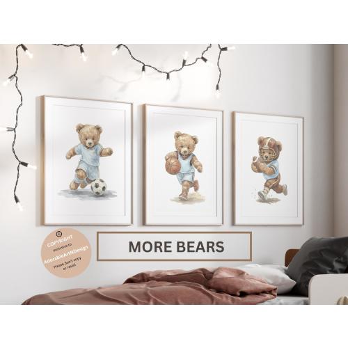 Vintage Teddy Bear Sports Nursery Art Set, Set of 3 Watercolor Illustrations  for kids Boy Room, baby blue, Baseball, Soccer, basketball