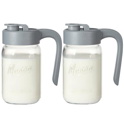 Mason Jar Pitcher, 2 pcs 32 oz (1 quart), Glass Pitcher with Lid | Airtight, Leak proof, Ergonomic Handle, Pour Spout Lid, Fridge Safe, for Sun Tea, Iced Tea, Cold Brew, Lemonade, Outside