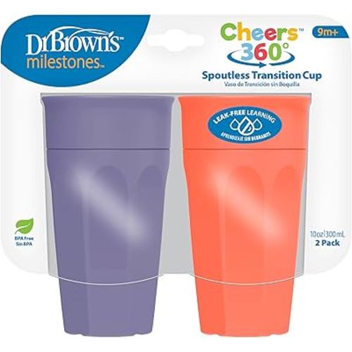 Dr. Brown's Milestones Cheers 360 Spoutless Transition Cup, Travel Friendly and Leak Free Sippy for Babies and Toddlers, Coral and Purple, BPA-Free, 10 oz/300 mL, 9m+