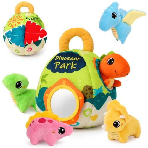 Baby Toys 6-12 Months - Soft Baby Stuffed Dinosaur with 5 Sensory Dinos | Rattle, Crinkle Paper, Squeaker, Mirror, Montessori Plush Toys for Toddlers 0-3 Years Old - Christmas Birthday Gift