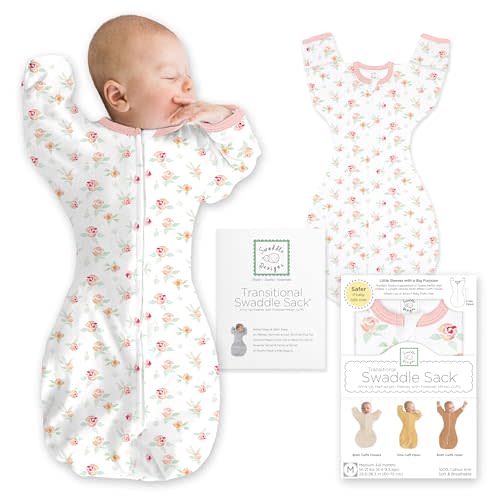 SwaddleDesigns Transitional Swaddle Sack, Cotton, Watercolor Floral, 0-3mo | Arms Up Half-length Sleeve Partially Suppress Moro reflex, Most Gradual Transition Swaddle for Newborn, Safe for Rolling Baby