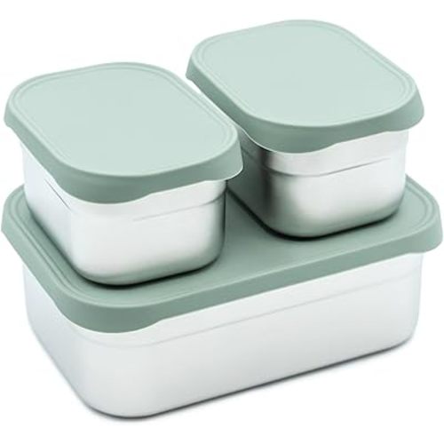 WeeSprout Stainless Steel Lunch Box Set - 750mL & 230mL Food Storage Nested Bento Boxes with Food Grade Silicone Lid - Leak Proof - Freezer Safe (Matte Green)