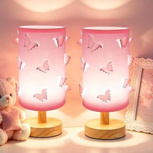 3D Butterfly Lamp, Pink Table Lamp with Wood Base for Girls Bedroom(Pink*2)