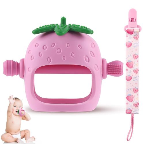 Anboor Baby Teething Toys With Clip, Silicone Teethers for Babies 4+Months Anti Dropping Hand Teether, Infant Chew Toys for Teething Relief, Ideal Present Newborn Soon-to-be Mothers (Pink, Strawberry)
