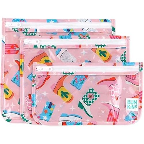 Bumkins Travel Bag, Toiletry, TSA Approved Pouch, Zip Bag, Quart Size Airline Compliant, Clear-Sided, Baby Diaper Bag Organization, Makeup, Accessories, CarryOn Packing, Set of 3 Sizes, Cowgirl Boots