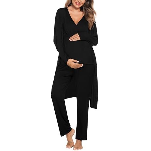 SWOMOG Maternity Nursing Robe Set 3 Piece Postpartum Breastfeeding Pajamas 3 in 1 Hospital Labor Delivery Pregnancy Pjs