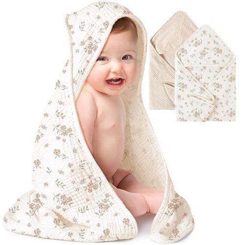 Konssy 2-Pack Muslin Hooded Baby Towels, 100% Cotton, Ultra-Soft & Absorbent Baby Bath Towels with Hood for Newborn & Infant (Cream, Blossom,32" x 32")