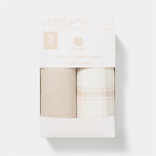 Dymples Cotton 2 Layer Muslin Wrap 2 Pack - Natural Check
