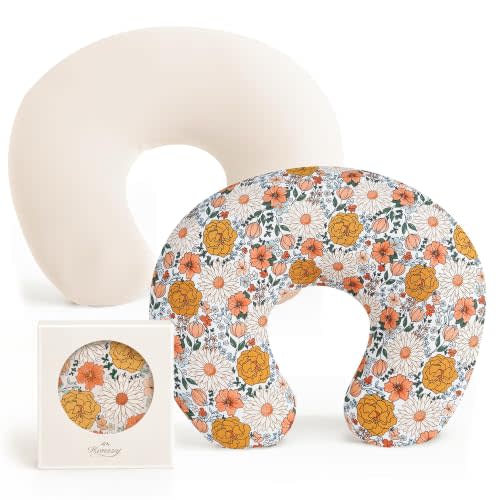 Konssy 2 Pack Nursing Pillow Covers, Soft Stretchy Cover for Breastfeeding | Covers Only, Milk Silk Fabric, Breathable & Machine Washable, Slipcovers for Newborn Baby Boy Girl, (Beige, Floral)