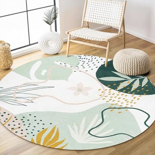 Lahome Green Round Area Rugs 5Ft - Washable Large Boho Round Rug for Living Room Non-Slip Throw Circle Rug for Dining Room Table,Soft Cute Botanical Print Floor Mat Carpet for Bedroom Office Bathroom