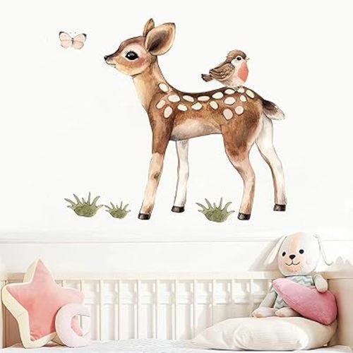 Cute Fawn and Bird Butterfly Deer Wall Stickers, sacinora Cartoon Jungle Animals Wall Decals Removable Vinyl Peel and Stick for Kids Baby Nursery Living Room Bedroom Children's Room Art Decorations